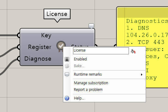 The License right-click menu with Manage subscription and Report a problem.