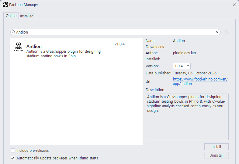 Rhino's package manager with Antlion found by search and the Install button.