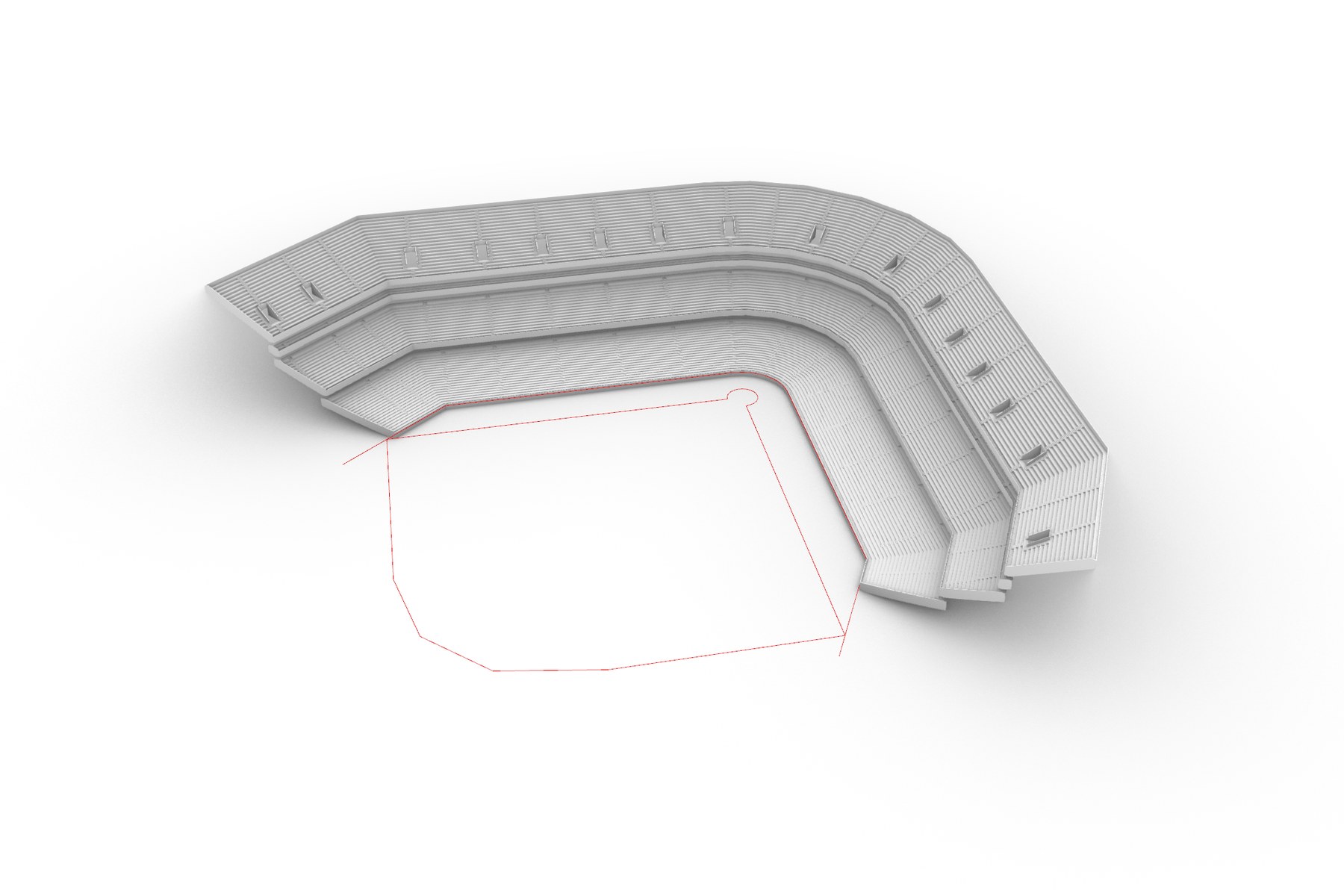 Baseball park stands in Rhino, built around hand-drawn red curves.