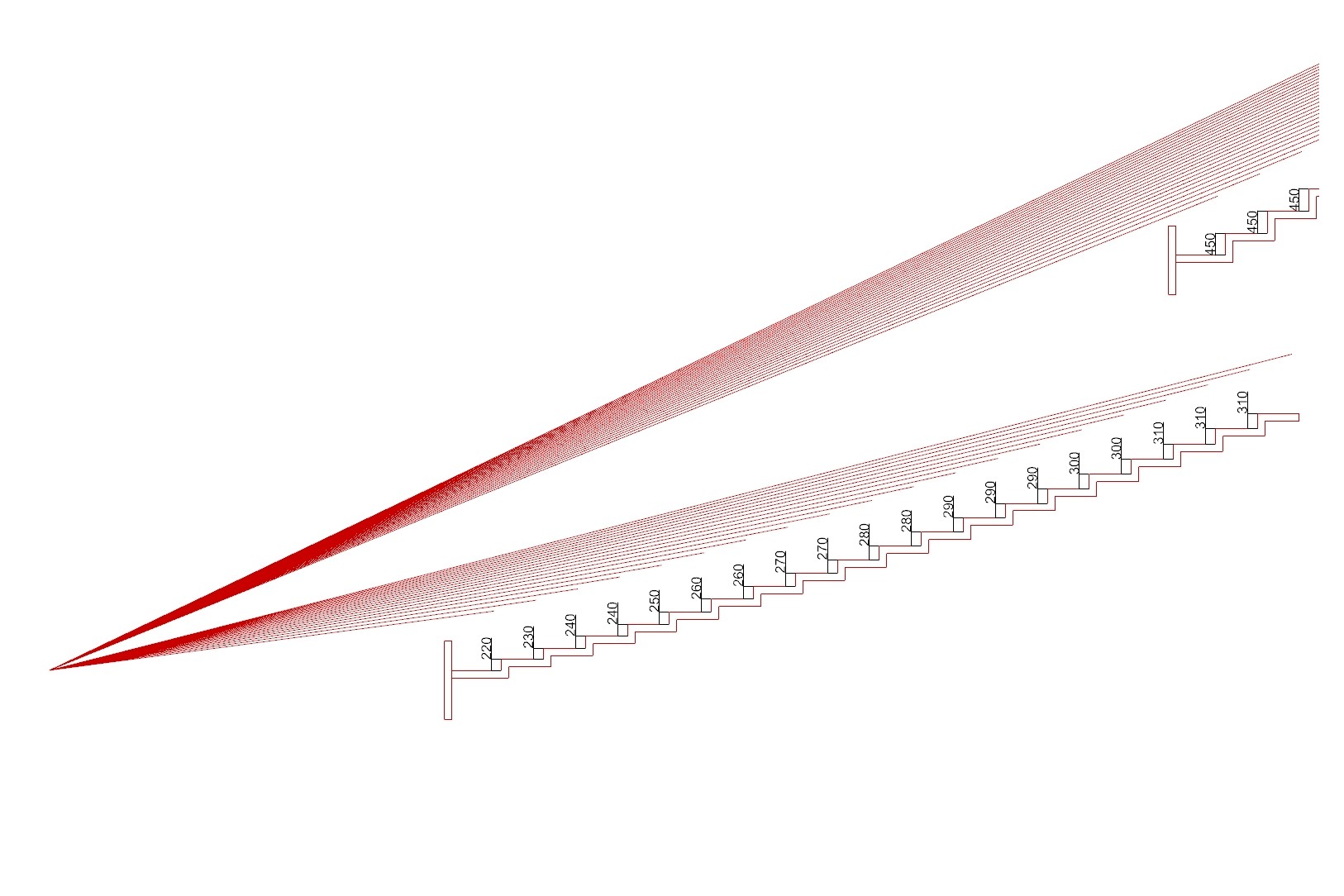 A two-tier stepped section with red sightlines converging on the focal point.