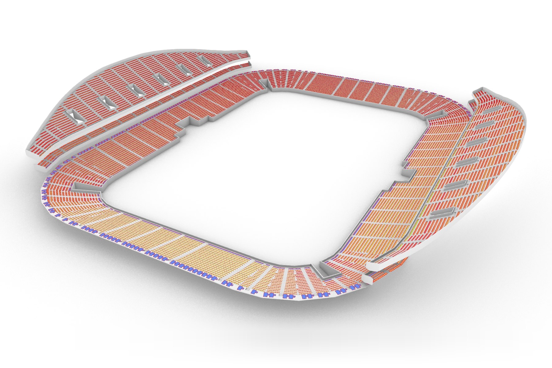 A three-tier soccer stadium bowl in Rhino, each seat colored by its C-value.