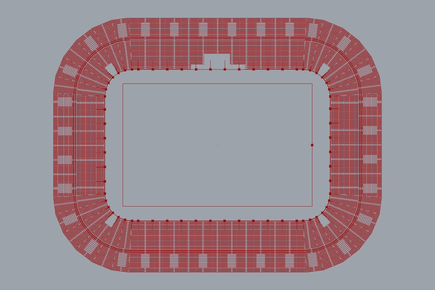 Top view: the 2D layout around the field, with seats, aisles and vomitories.